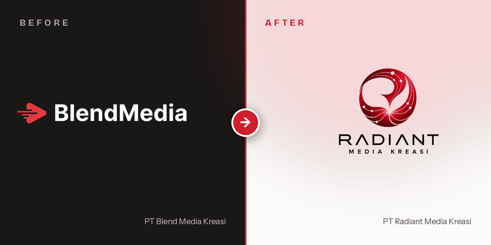 Blend Media Kreasi rebranding to Radiant Media Kreasi — before and after logo comparison